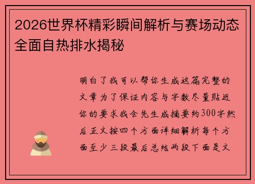 2026世界杯精彩瞬间解析与赛场动态全面自热排水揭秘